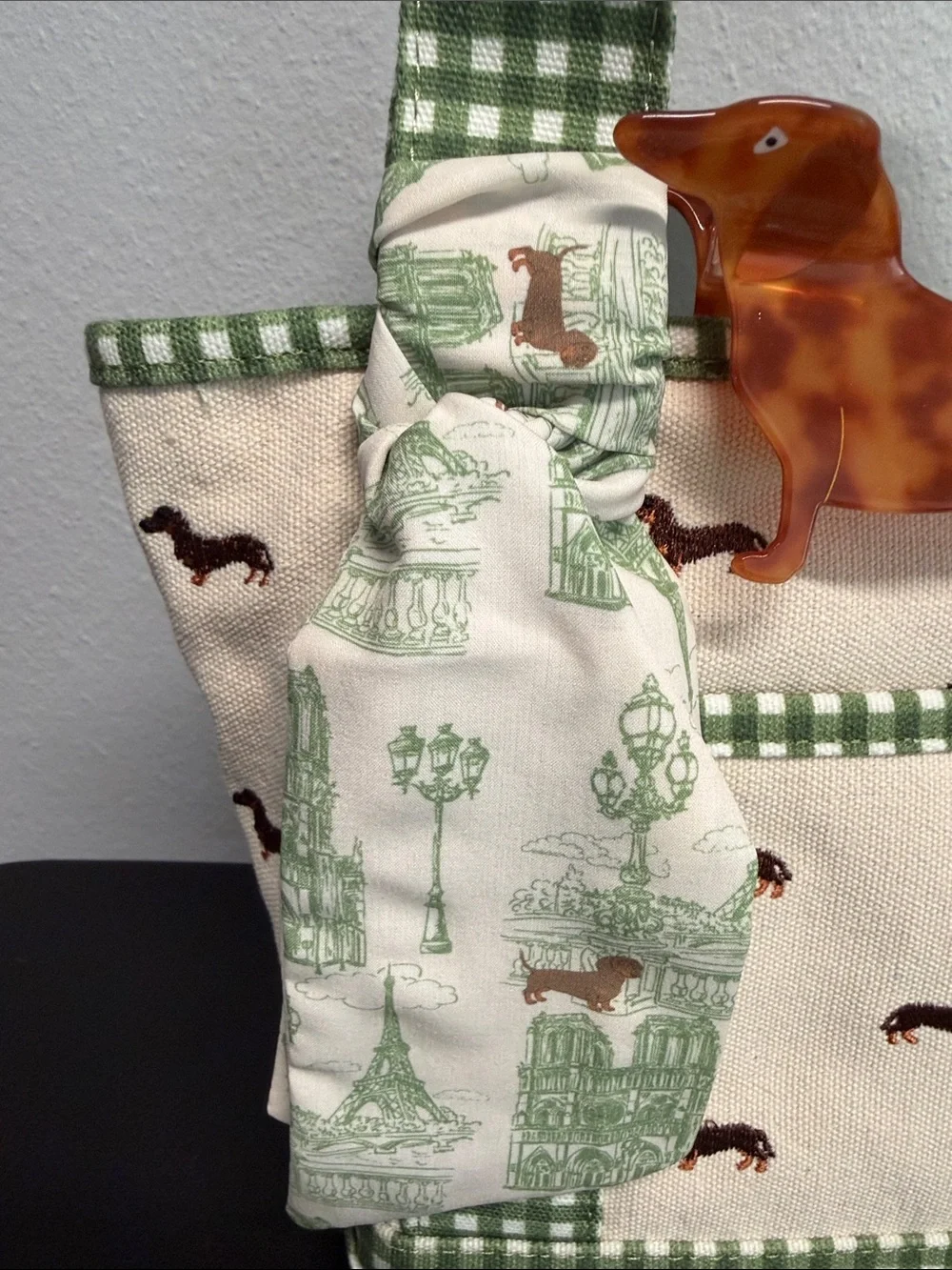 Madden Girl | Green Gingham Dachshund Canvas Tote | Wristlet, Bag Charms & More